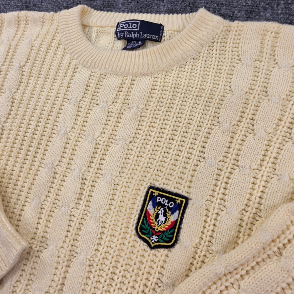 Vintage Polo Ralph Lauren Cream Yellow Cable Knit Crest Sweater Size M Cotton